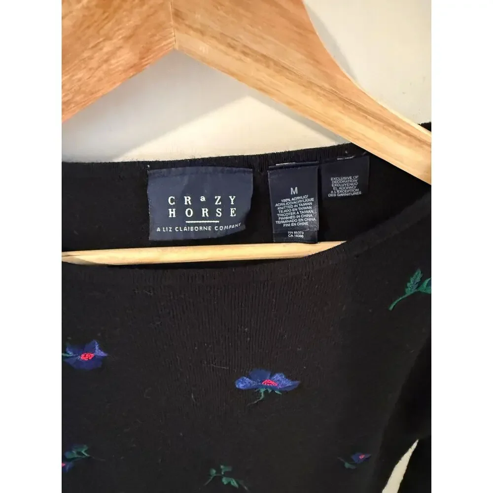 Vintage Crazy Horse Liz Claiborne Floral Embroidered Black Sweater M ✨‎